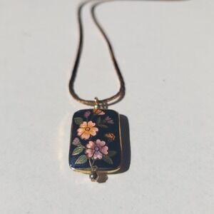 Vintage Cloisonne Floral Pendant Necklace Black Gold Enamel Snake Chain